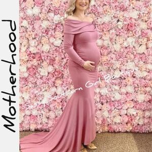 🆕⭐ Dusty Pink Off Shoulder Maternity Photo Shoot Maxi Dress
